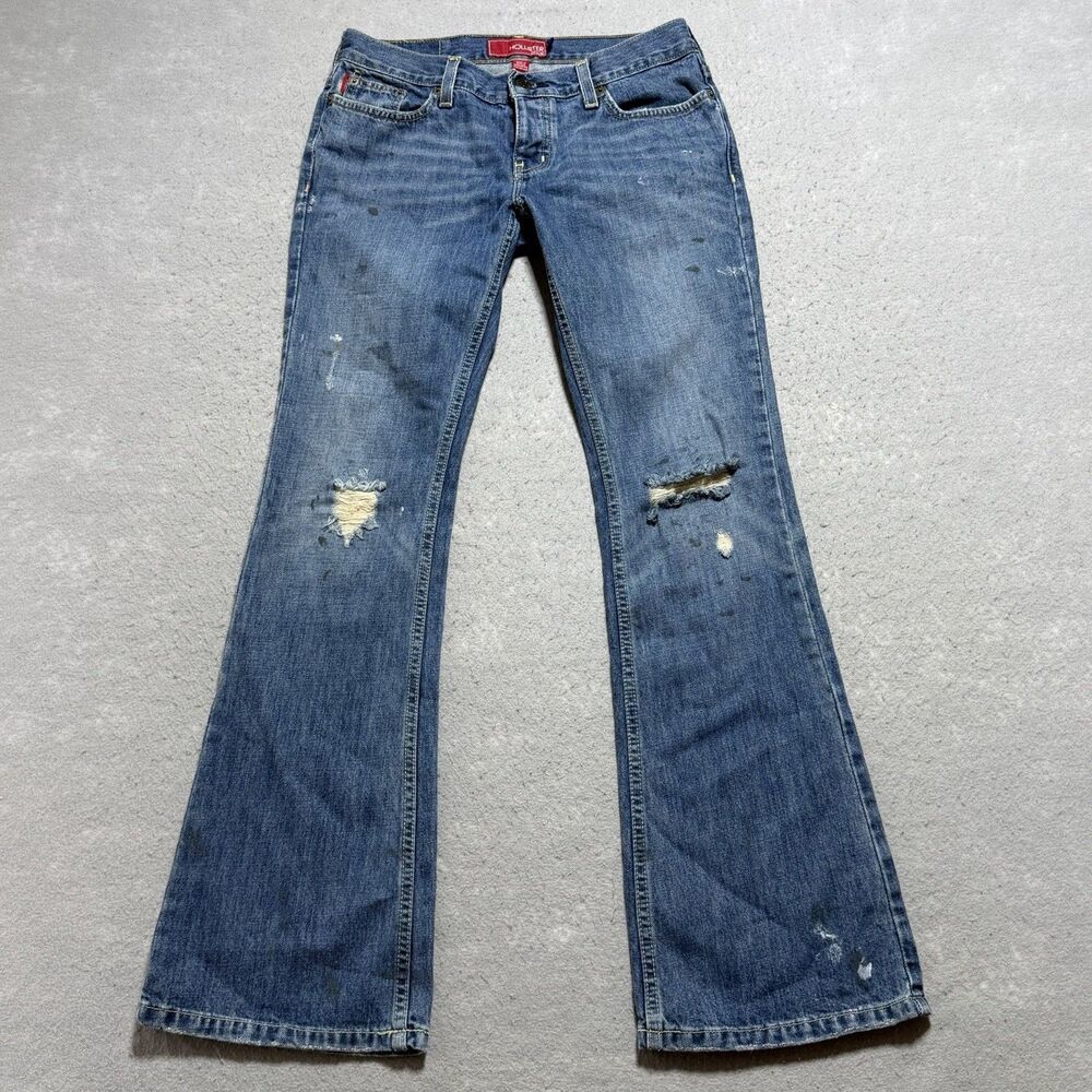 Y2k Hollister Low Rise Jeans Sz 3 Distressed Paint Splatter Cali Flare Stretch